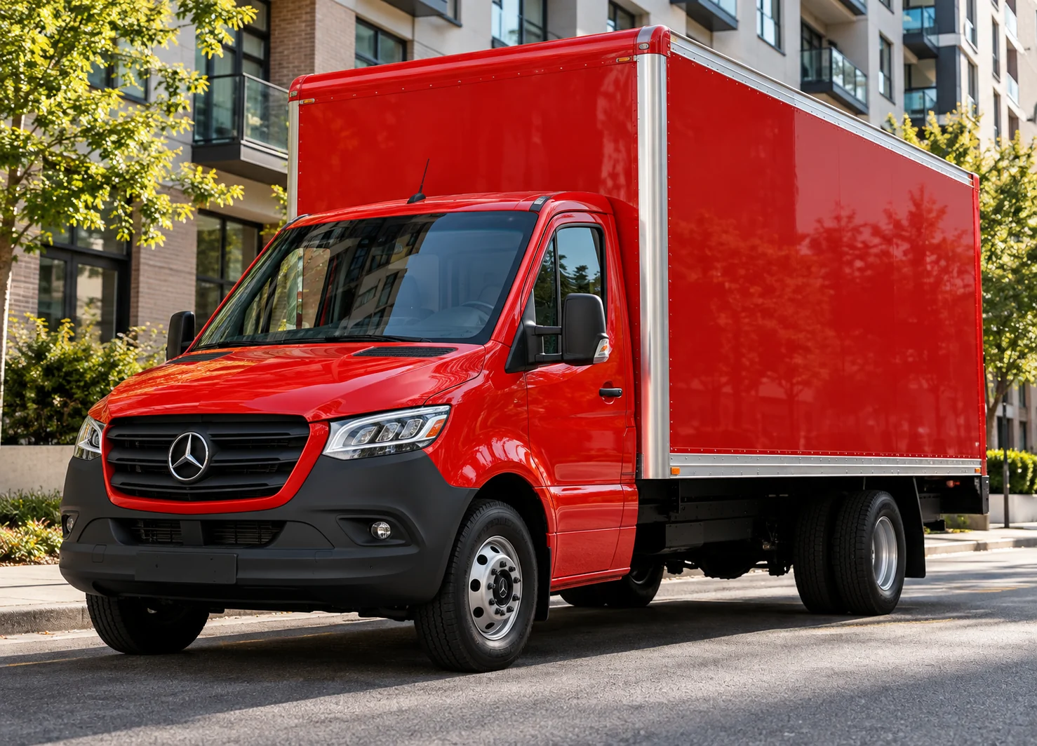 Ενδεικτική απεικόνιση κόκκινου Mercedes-Benz Sprinter 2020 με κλειστή κούφα στο ίδιο κόκκινο χρώμα και έναν πίσω άξονα με δίδυμα ελαστικά